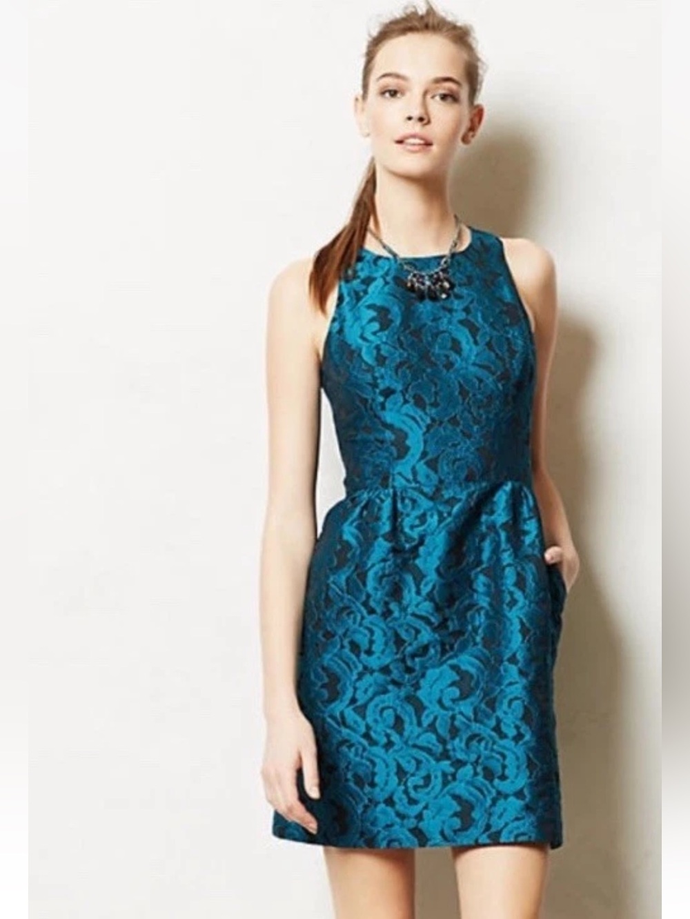 Anthropologie Tabitha Ottava Dress Fit and Flare Pockets Size 6 Teal Formal